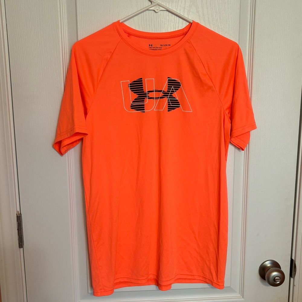 YXL Under Armor Neon Orange T-Shirt Loose Fit Polyester Moisture Wicking #348
